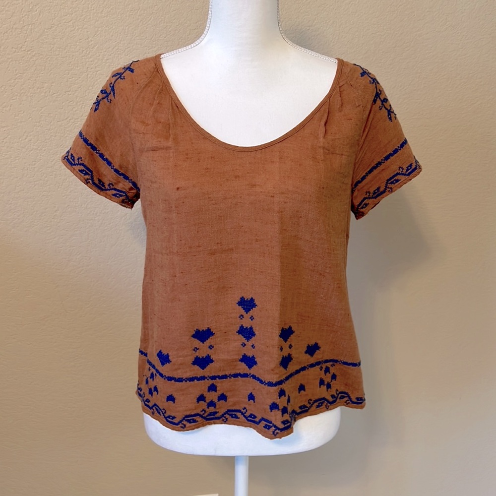 Lucky Brand Burnt Orange Embroidered Cotton Top